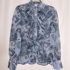 River Island blue ruffle button up blouse sheer long sleeve size 8